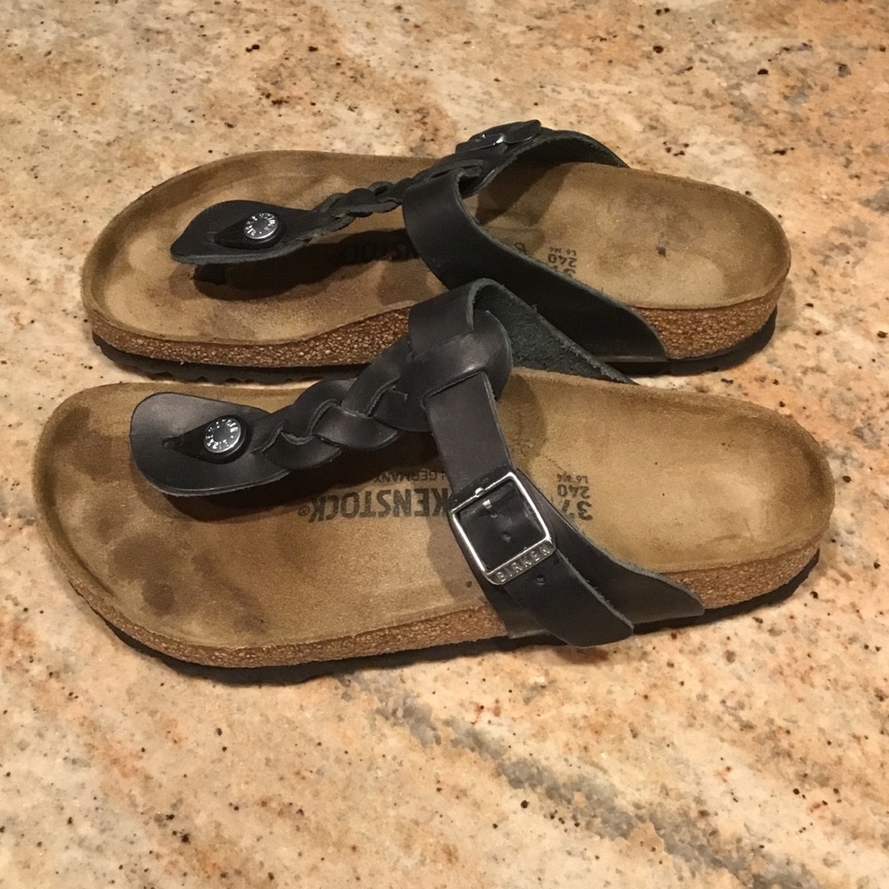 Birkenstock Gizeh Black Braided Oiled Leather Buckle Thong Sandals Regular Width - Picture 4 of 10